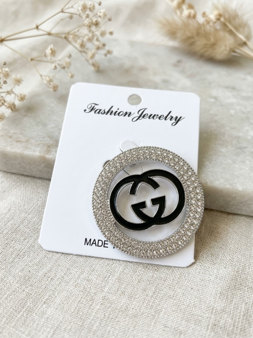 Fashion Jewelry Silver and Black Crystal Interlocking Circle Brooch